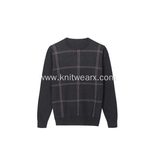 Men's Knitted Checks Jacquard Crew-Neck Pullover